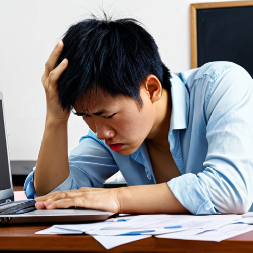 Home 11 ** A young Vietnamese entrepreneur looking stressed and overwhelmed at a messy desk, surrounded by CRM documents, with a laptop displaying error messages. Emphasize the feeling of a failed project and unmet expectations.
**