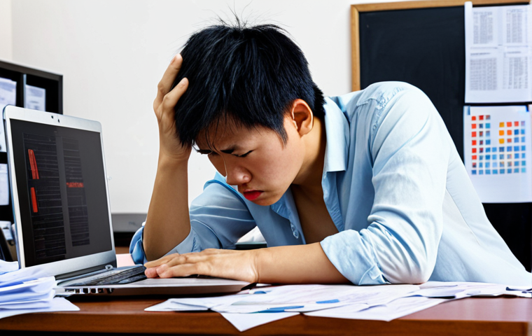 ** A young Vietnamese entrepreneur looking stressed and overwhelmed at a messy desk, surrounded by CRM documents, with a laptop displaying error messages. Emphasize the feeling of a failed project and unmet expectations.
**