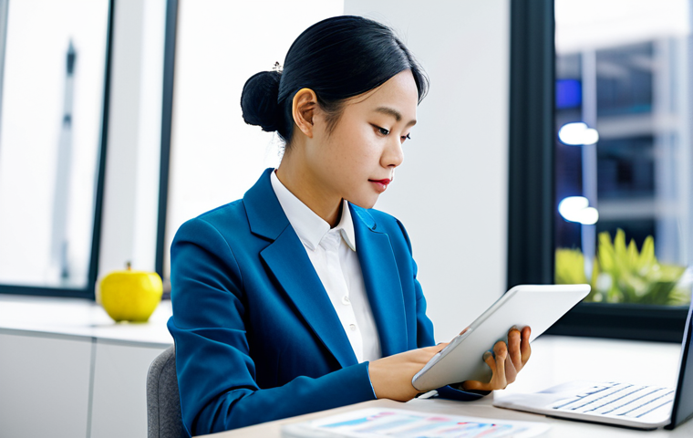A focused young Vietnamese professional, fully clothed in a modest yet modern business casual outfit, sitting at a sleek, minimalist desk in a bright, contemporary co-working space in a vibrant urban environment. The professional is attentively reviewing data on a tablet with a thoughtful expression, surrounded by subtle abstract digital overlays representing data flow and innovation. Professional photography, soft natural lighting, high resolution, perfect anatomy, correct proportions, natural pose, well-formed hands, proper finger count, natural body proportions, professional dress, appropriate attire, safe for work, appropriate content, fully clothed, family-friendly.