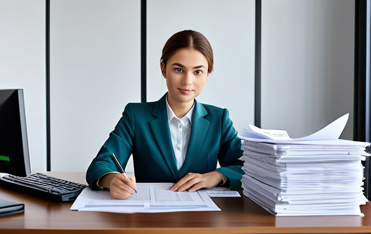 **
"A young woman in a professional setting, wearing modest business attire, working at a desk covered with documents, fully clothed, appropriate content, safe for work, perfect anatomy, natural proportions, modern office background, professional photography, high quality, family-friendly"
**