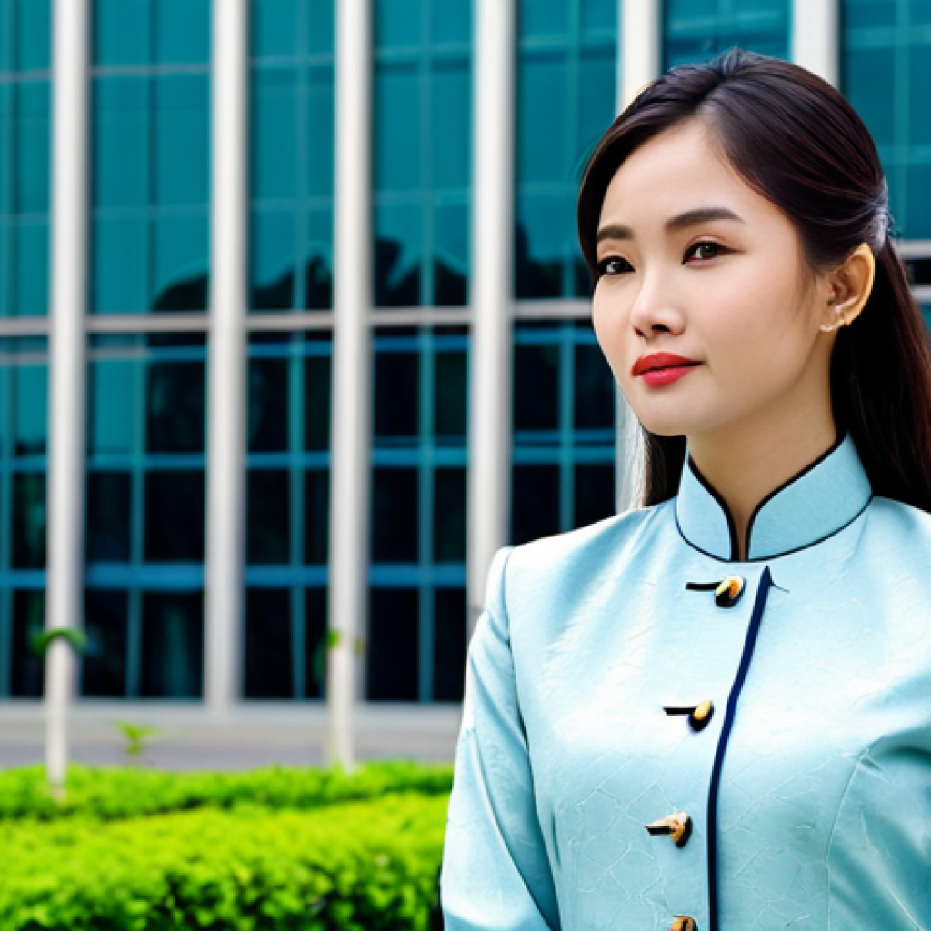 이론 중심 교육의 실무 적용 사례 - Business Professional**
A young Vietnamese woman in a stylish and modest Ao Dai business suit, stan...