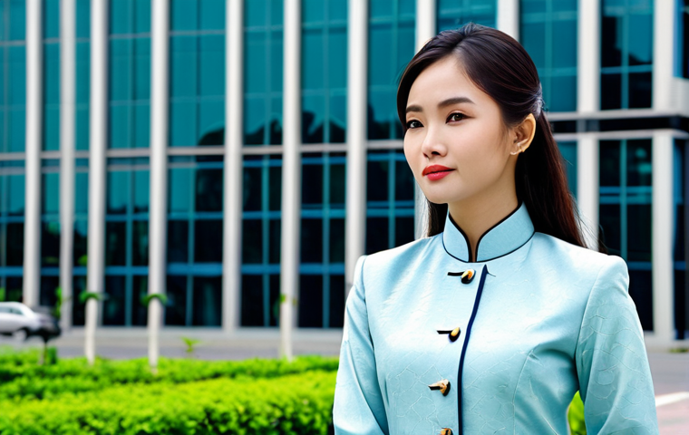 이론 중심 교육의 실무 적용 사례 - Business Professional**
A young Vietnamese woman in a stylish and modest Ao Dai business suit, stan...