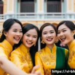 Home 21 이론 실무 통합을 위한 커리큘럼 개발 전략 - **Prompt:** A group of young Vietnamese women in Ao Dai, giggling and taking selfies in front of the...