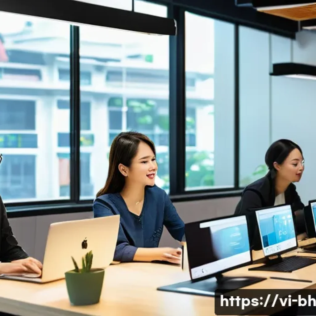 이론 실무 격차 해소를 위한 학습 성과 분석 - A modern Vietnamese office setting where a diverse group of young professionals actively engage in a...