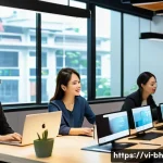 Home 20 이론 실무 격차 해소를 위한 학습 성과 분석 - A modern Vietnamese office setting where a diverse group of young professionals actively engage in a...
