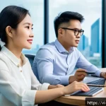 Home 18 이론 실무 격차 해소를 위한 성과 측정 방법 - A modern Vietnamese office environment showing a diverse team of young professionals in business cas...