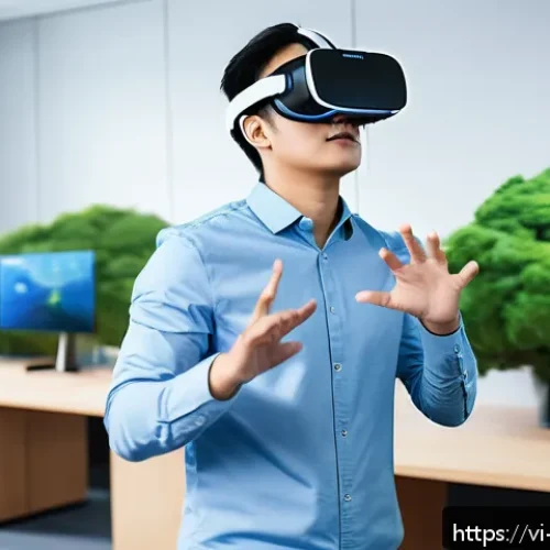 Home 17 이론 실무 격차 해소를 위한 지속 가능한 모델 - A modern corporate training room featuring diverse Vietnamese employees engaged in an interactive VR...