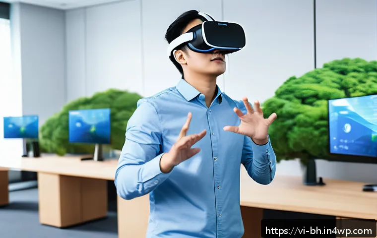 이론 실무 격차 해소를 위한 지속 가능한 모델 - A modern corporate training room featuring diverse Vietnamese employees engaged in an interactive VR...