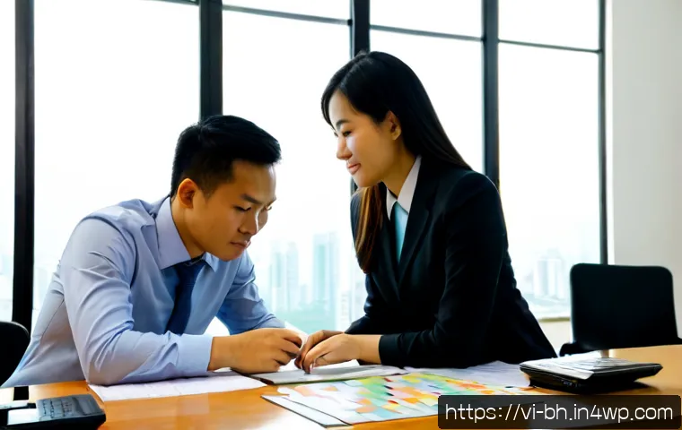 Home 17 이론과 실무의 통합적 접근법 - Photorealistic Vietnamese business mentor and young professional at a clean modern office desk in Ho...